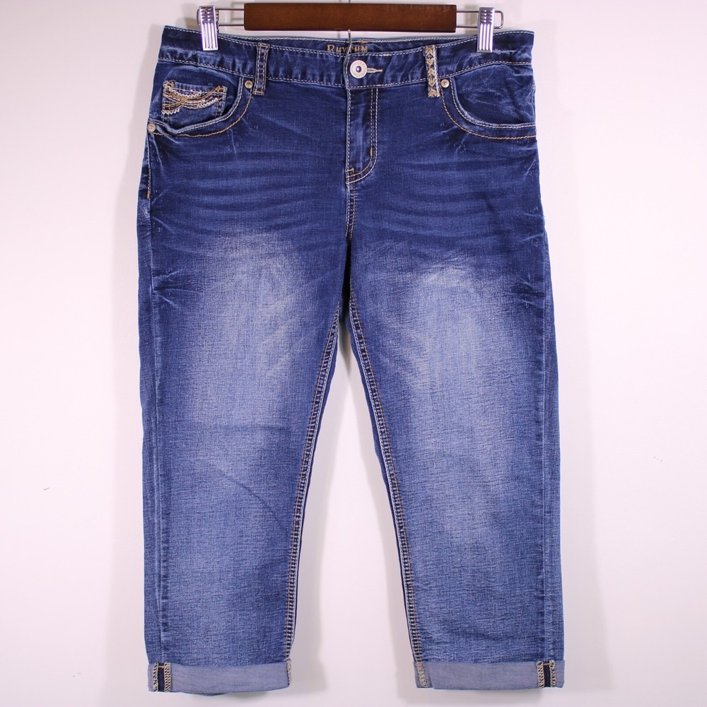 Rhythm‎ in Blue Jeans Womens 8 Faded Cuffed Capris Sequined Stretch Denim 32x20